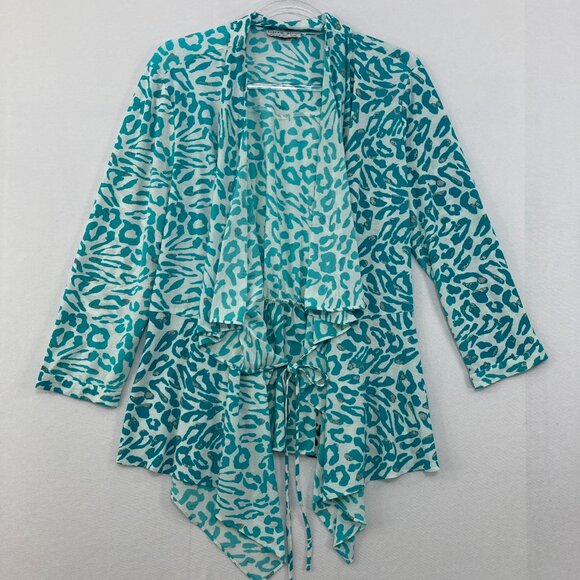 Alberto Makali size Medium Blue White Abstract Print Stretch Draped Light Jacket - Picture 1 of 7